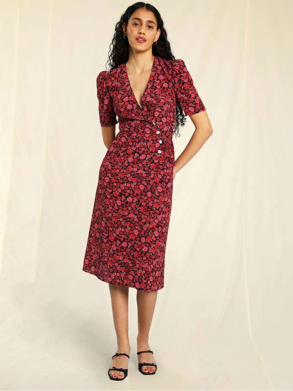 Rouje Gabin Dress Rosier Rouge Midi Wrap Green Size FR 38 US 6 Small Pink Floral - Picture 16 of 17